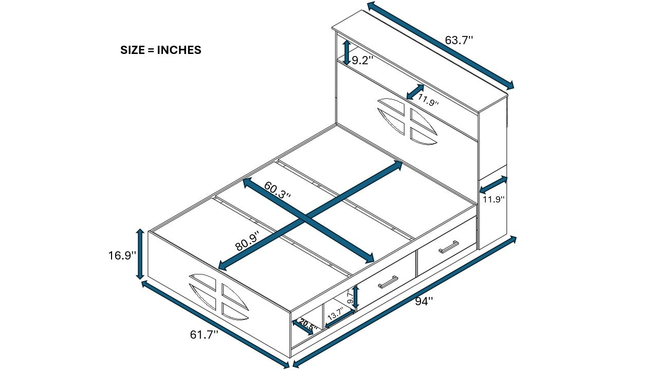 Queen Size Bed With Headboard, 2 Drawers & Storage Boxes