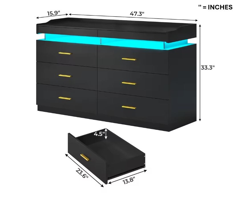 6 Chest Of Drawer Dresser With LED & 2 Mini Drawers