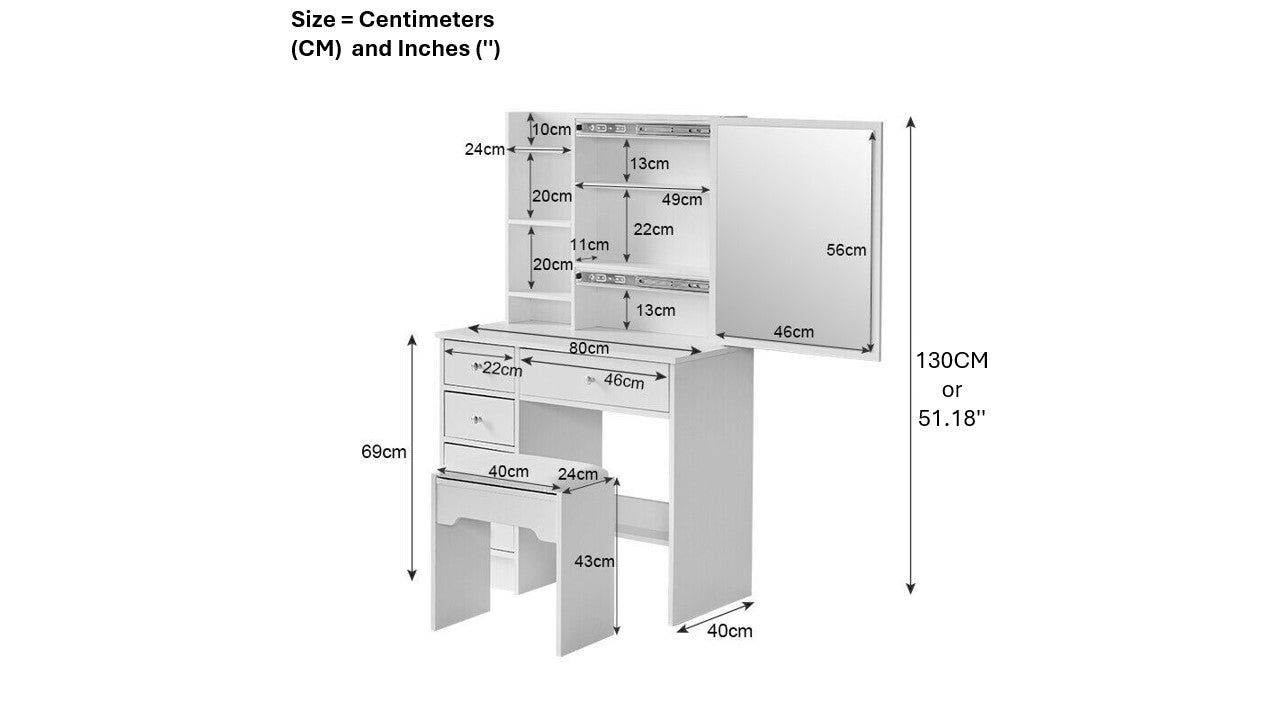 Makeup Dresser With Sliding Mirror & Stool