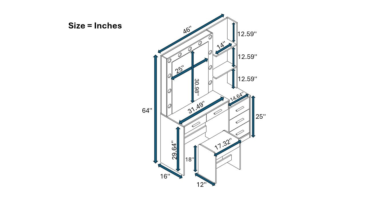 The Modern Dresser Masterpiece With Mirror, Stool, 5 Drawers, Shelves & Lights