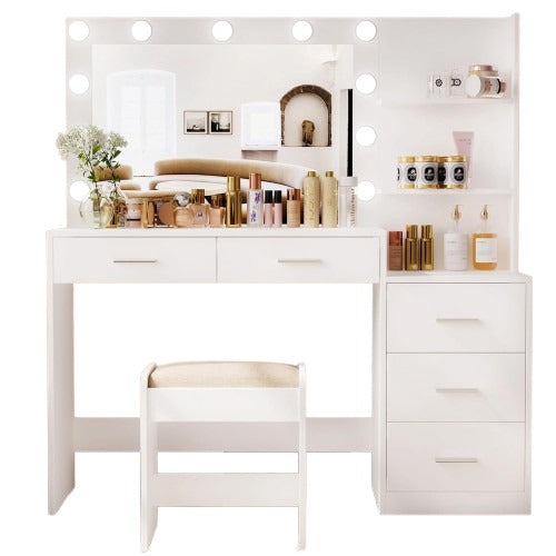 The Modern Dresser Masterpiece With Mirror, Stool, 5 Drawers, Shelves & Lights