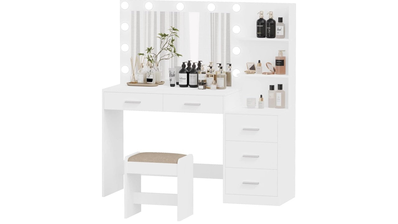 The Modern Dresser Masterpiece With Mirror, Stool, 5 Drawers, Shelves & Lights