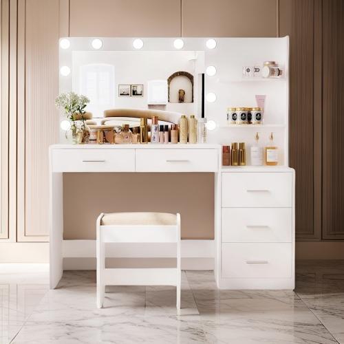 The Modern Dresser Masterpiece With Mirror, Stool, 5 Drawers, Shelves & Lights