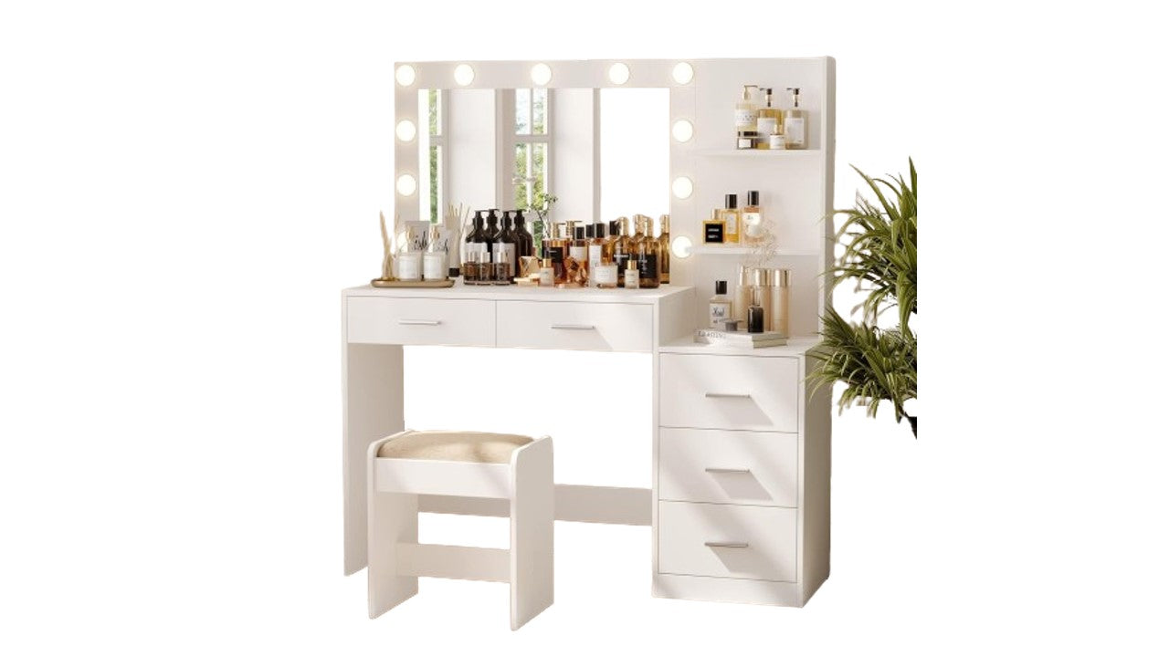 The Modern Dresser Masterpiece With Mirror, Stool, 5 Drawers, Shelves & Lights